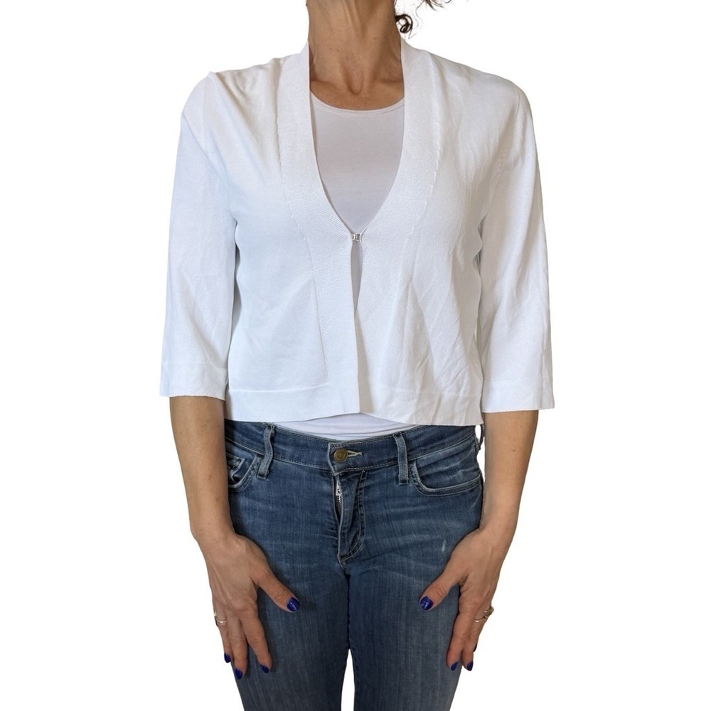 D. EXTERIOR Italy White Crop Cardigan Knit Sweater Bolero3/4 Sleeve Womens Small
